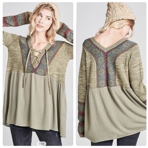 Boho Olive Green Lace-Up Neckline Top Peasant Tunic Long Sleeve Blouse NWOT‎